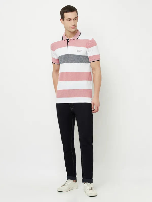 Octave Men Coral Bright Gray Striped Polo Collar Applique T-Shirt
