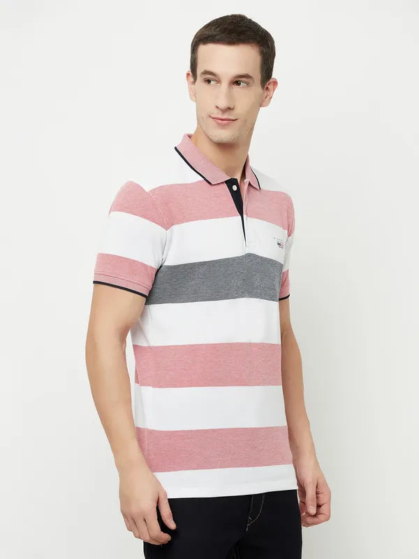 Octave Men Coral Bright Gray Striped Polo Collar Applique T-Shirt