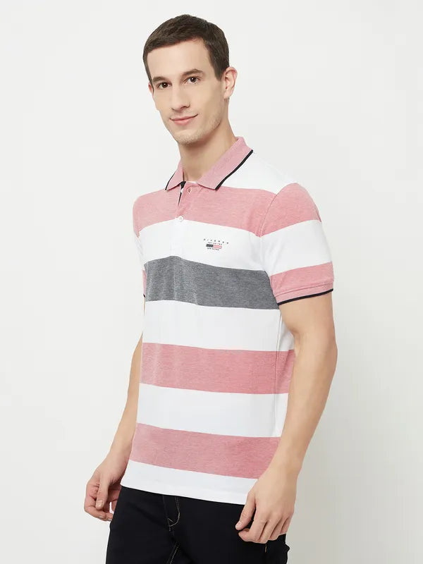 Octave Men Coral Bright Gray Striped Polo Collar Applique T-Shirt