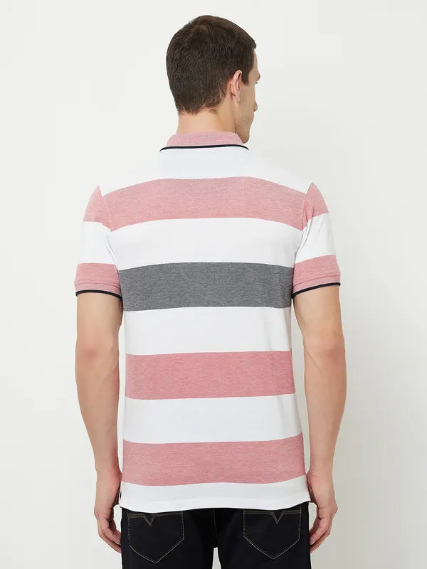 Octave Men Coral Bright Gray Striped Polo Collar Applique T-Shirt