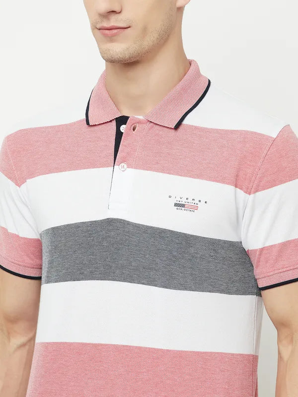 Octave Men Coral Bright Gray Striped Polo Collar Applique T-Shirt