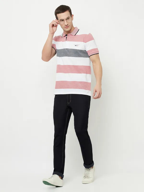 Octave Men Coral Bright Gray Striped Polo Collar Applique T-Shirt
