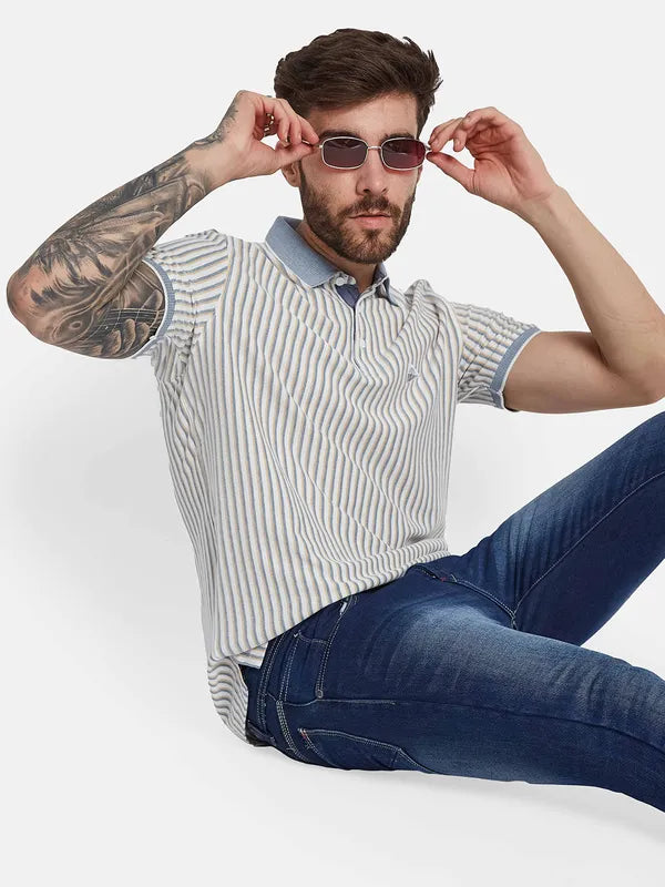Octave Striped Polo Collar Cotton T-Shirt