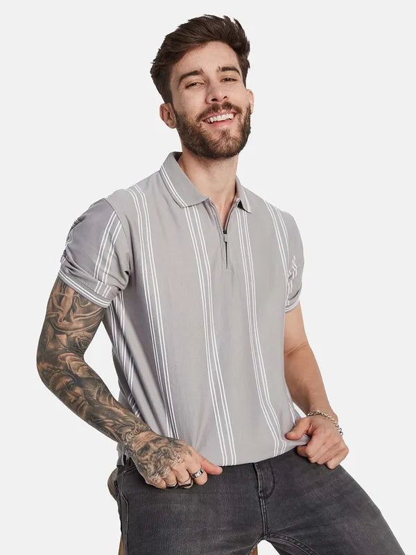 Octave Striped Polo Collar Cotton T-Shirt