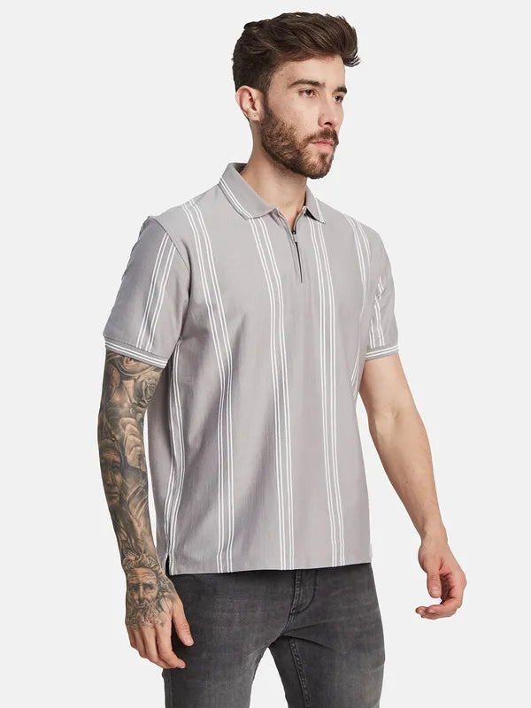 Octave Striped Polo Collar Cotton T-Shirt