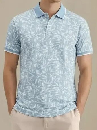 Men Aqua Floral Printed Polo Collar Tropical T-shirt