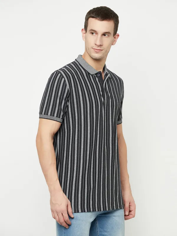 Octave Men Grey Striped Polo Collar T-Shirt