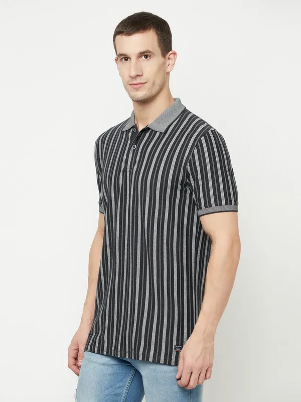 Octave Men Grey Striped Polo Collar T-Shirt