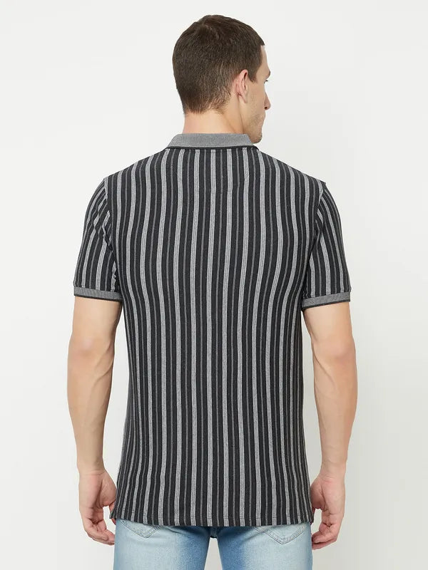 Octave Men Grey Striped Polo Collar T-Shirt