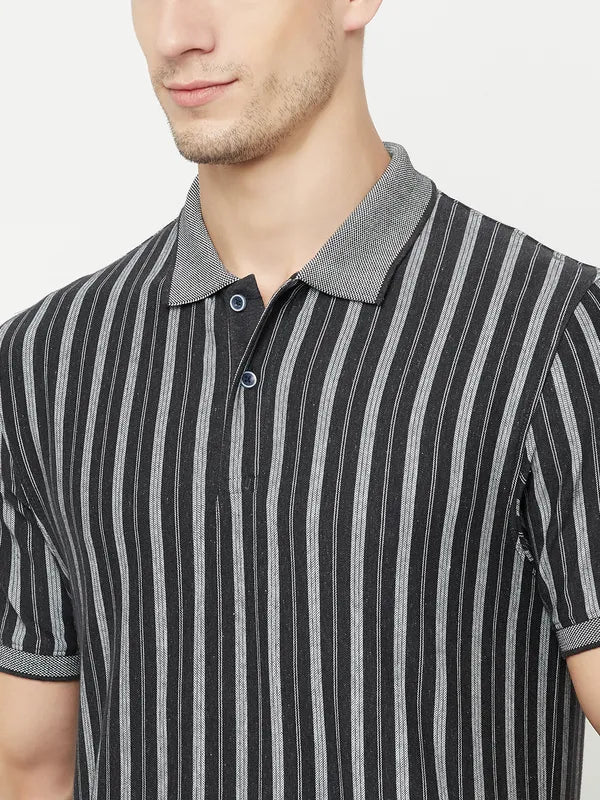 Octave Men Grey Striped Polo Collar T-Shirt