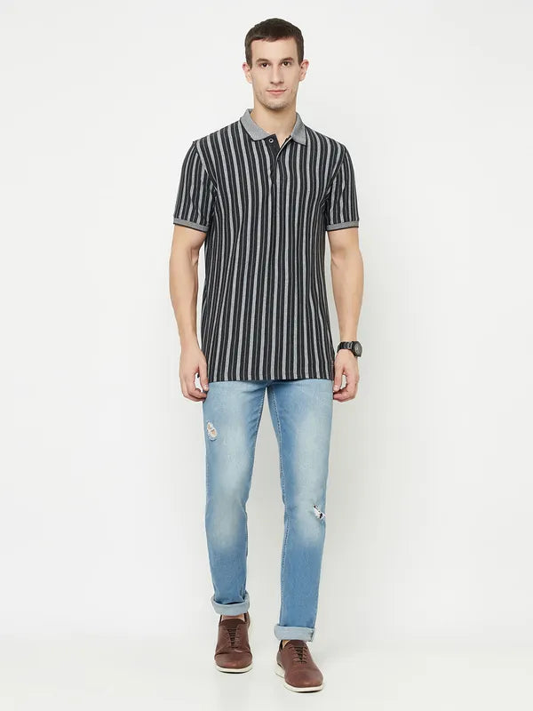 Octave Men Grey Striped Polo Collar T-Shirt