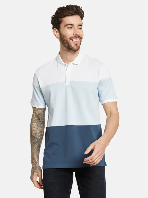 Octave Colourblocked Polo Collar Cotton T-Shirt