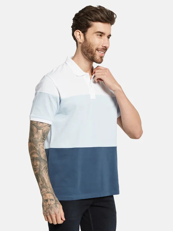 Octave Colourblocked Polo Collar Cotton T-Shirt