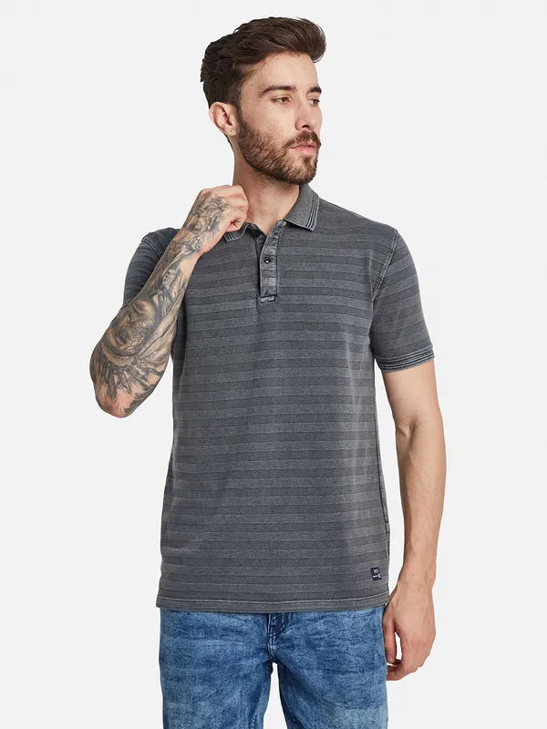 Octave Striped Polo Collar Short Sleeves Striped Regular Fit Cotton T-Shirt