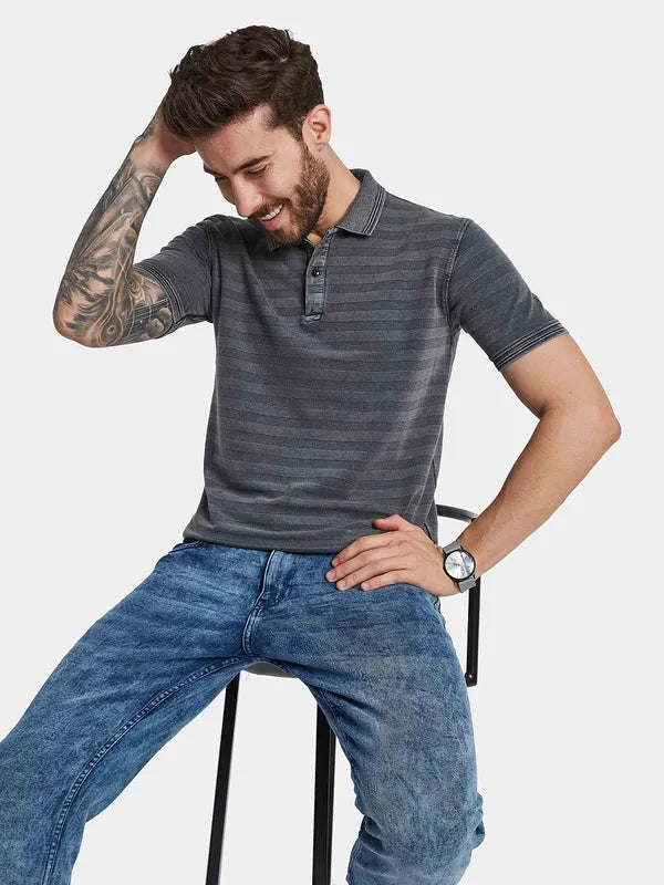 Octave Striped Polo Collar Short Sleeves Striped Regular Fit Cotton T-Shirt