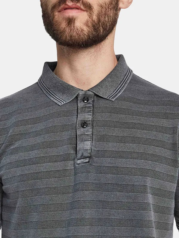 Octave Striped Polo Collar Short Sleeves Striped Regular Fit Cotton T-Shirt