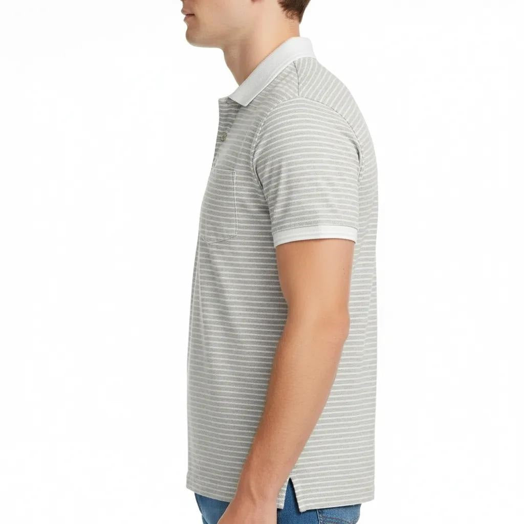 Men Striped Polo Collar Pockets T-shirt