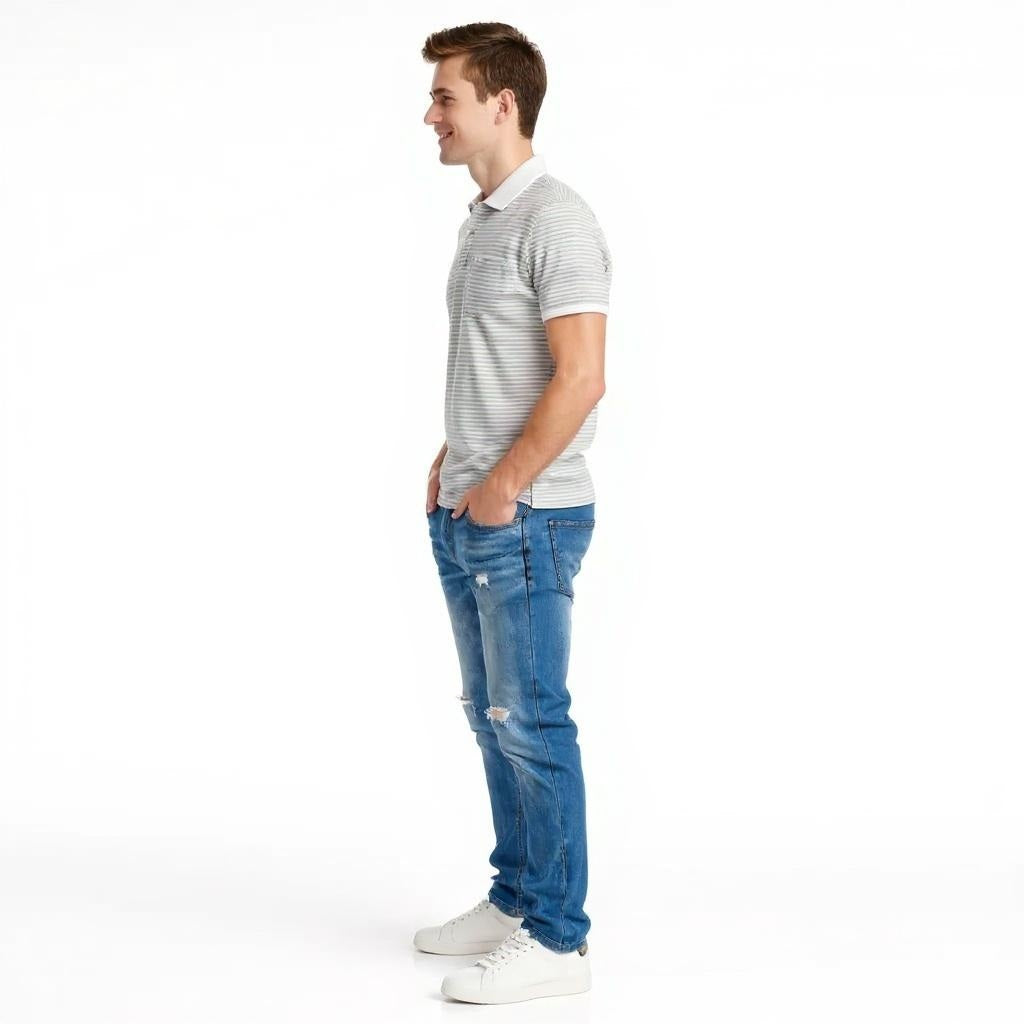 Men Striped Polo Collar Pockets T-shirt