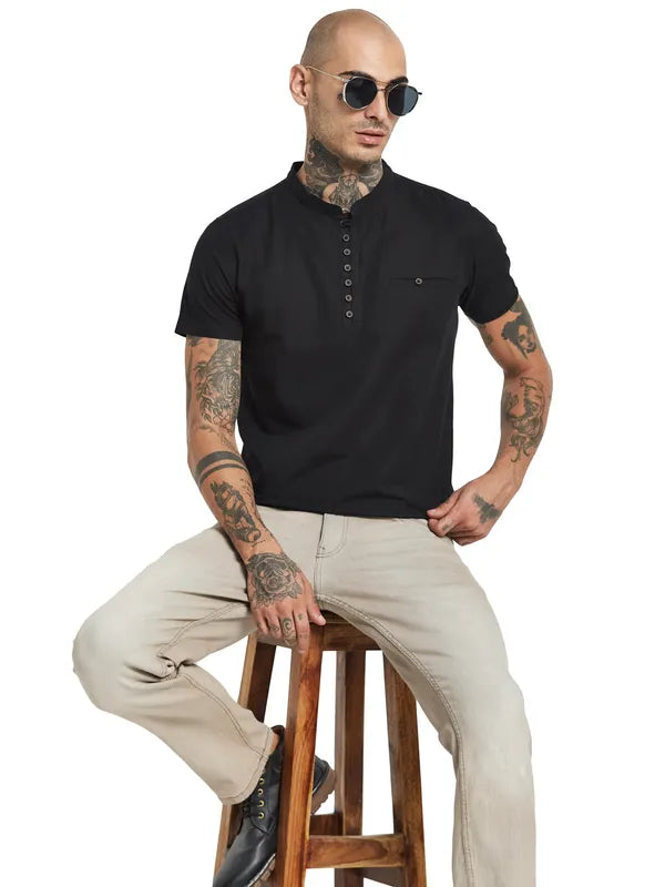 Octave Mandarin Collar Short Sleeves Cotton T-Shirt