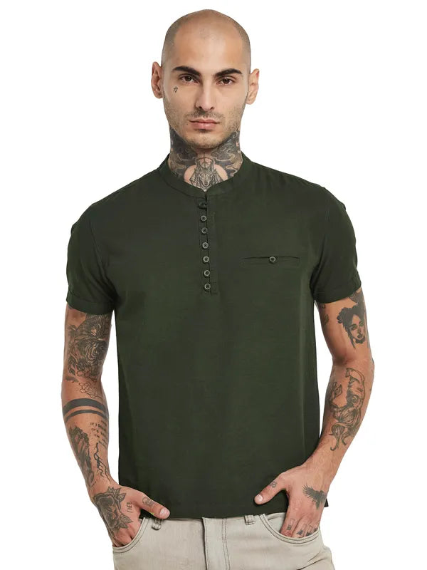 Octave Mandarin Collar Pocket Detail Short Sleeves Cotton Shirt