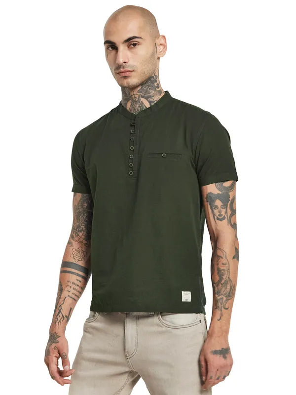 Octave Mandarin Collar Pocket Detail Short Sleeves Cotton Shirt