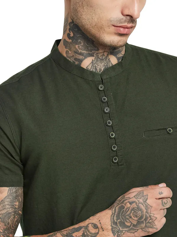 Octave Mandarin Collar Pocket Detail Short Sleeves Cotton Shirt