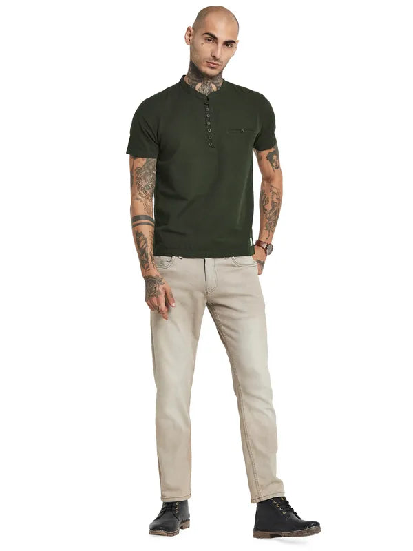 Octave Mandarin Collar Pocket Detail Short Sleeves Cotton Shirt