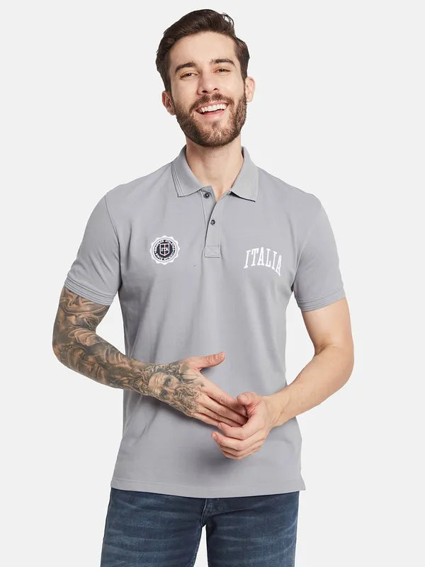 Octave Polo Collar Short Sleeves Typographic Printed Regular Fit Cotton T-Shirt