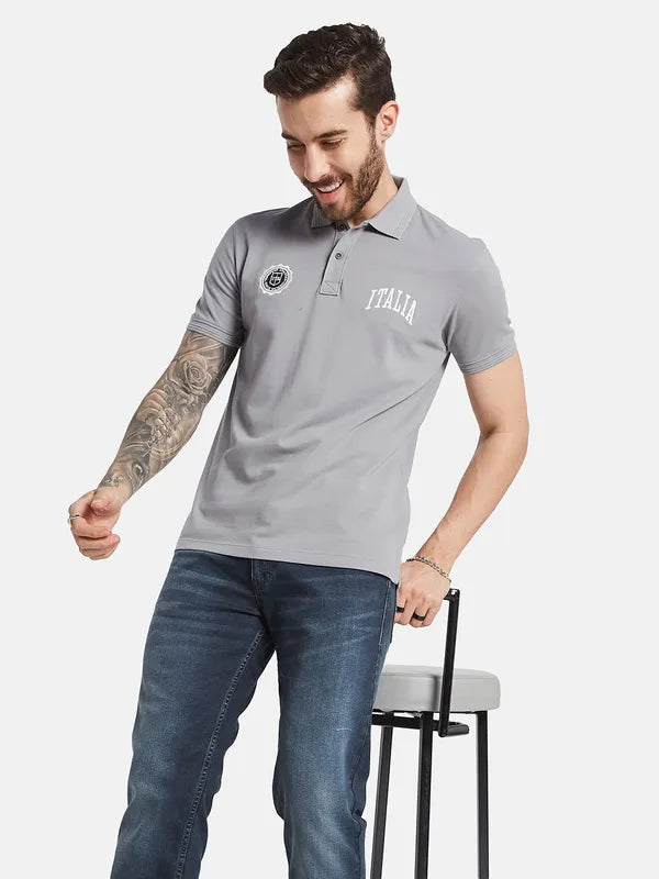 Octave Polo Collar Short Sleeves Typographic Printed Regular Fit Cotton T-Shirt