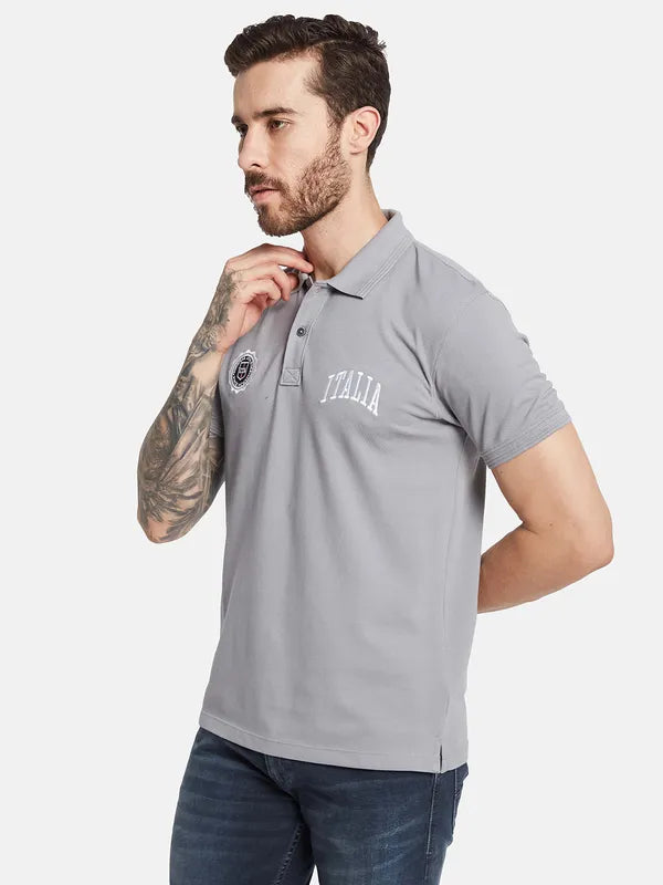 Octave Polo Collar Short Sleeves Typographic Printed Regular Fit Cotton T-Shirt