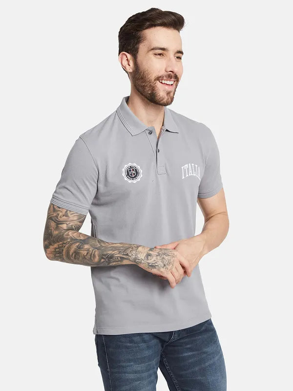 Octave Polo Collar Short Sleeves Typographic Printed Regular Fit Cotton T-Shirt