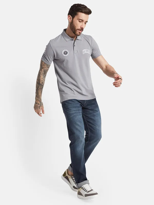 Octave Polo Collar Short Sleeves Typographic Printed Regular Fit Cotton T-Shirt