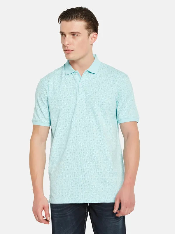 Octave Polo Collar Short Sleeveless Geometric Printed Regular Fit Cotton T-Shirt