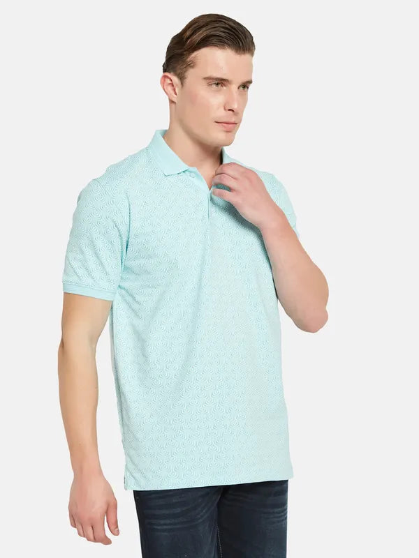 Octave Polo Collar Short Sleeveless Geometric Printed Regular Fit Cotton T-Shirt