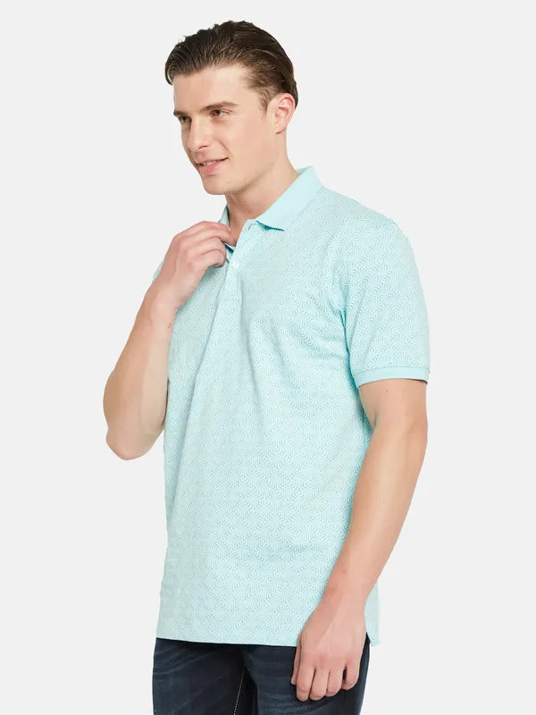 Octave Polo Collar Short Sleeveless Geometric Printed Regular Fit Cotton T-Shirt