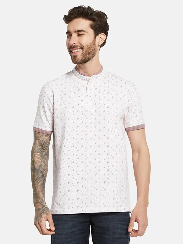 Octave Printed Mandarin Collar Cotton T-Shirt