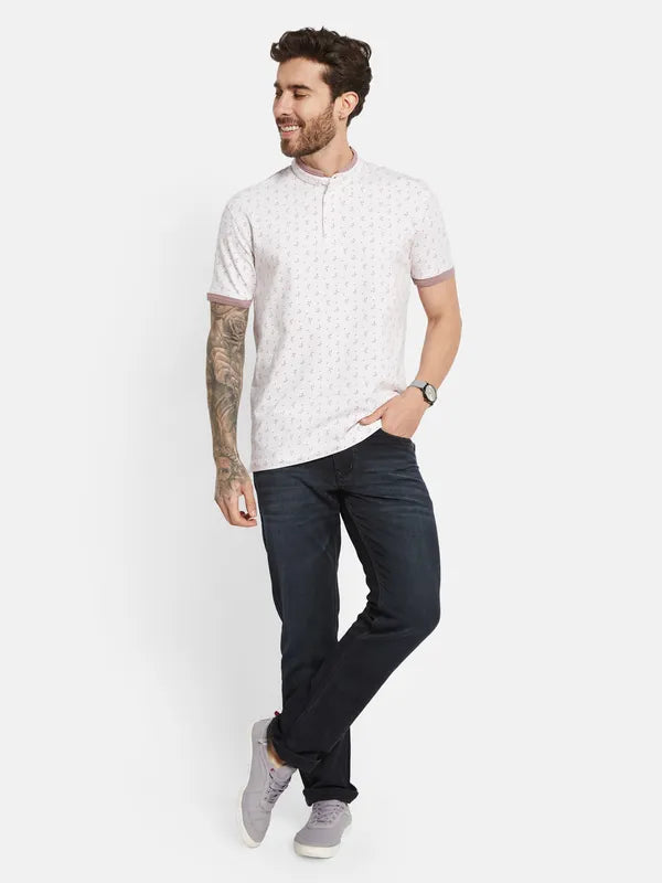 Octave Printed Mandarin Collar Cotton T-Shirt