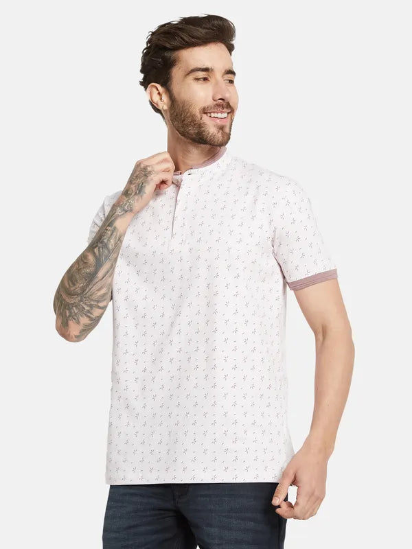 Octave Printed Mandarin Collar Cotton T-Shirt