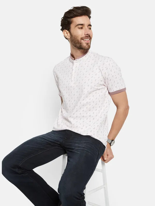 Octave Printed Mandarin Collar Cotton T-Shirt