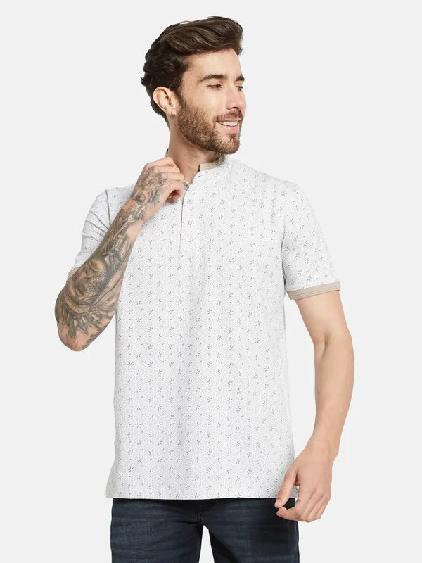 Octave Floral Printed Mandarin Collar Cotton T-Shirt