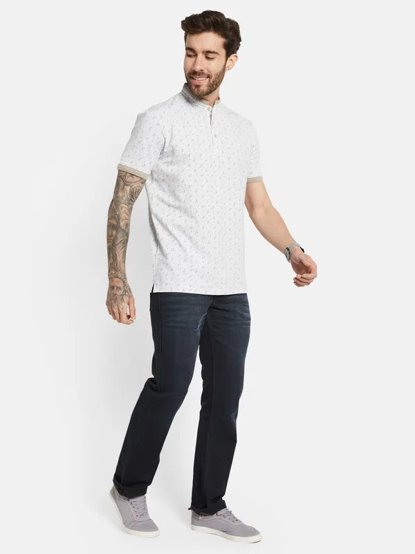 Octave Floral Printed Mandarin Collar Cotton T-Shirt