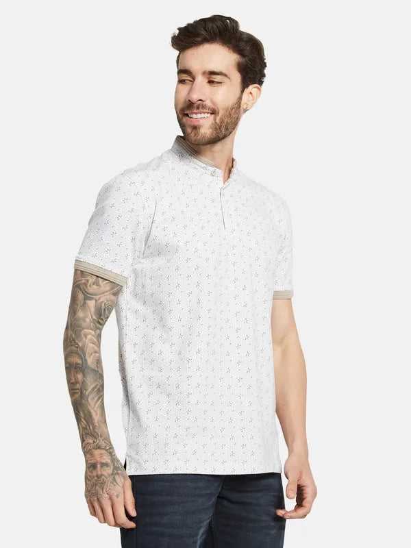 Octave Floral Printed Mandarin Collar Cotton T-Shirt