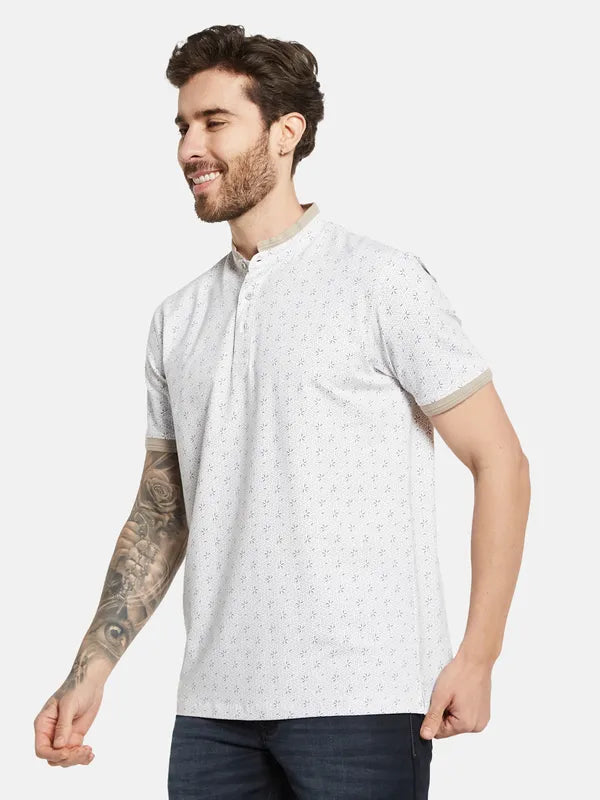 Octave Floral Printed Mandarin Collar Cotton T-Shirt