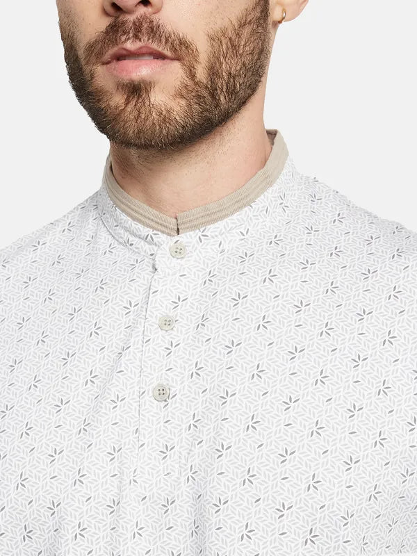 Octave Floral Printed Mandarin Collar Cotton T-Shirt