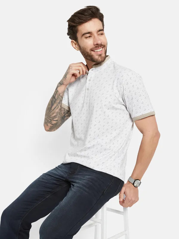 Octave Floral Printed Mandarin Collar Cotton T-Shirt
