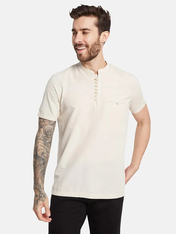 Octave Mandarin Collar Welt Pocket Short Sleeves Cotton T-Shirt