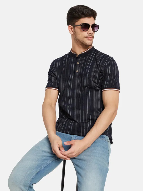 Vertical Stripes Mandarin Collar T-Shirt