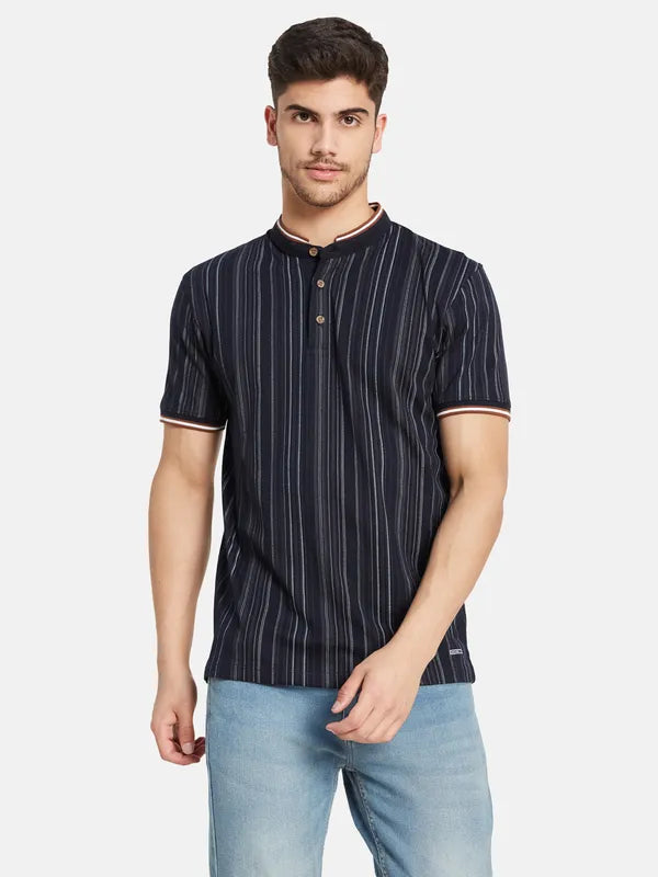Vertical Stripes Mandarin Collar T-Shirt