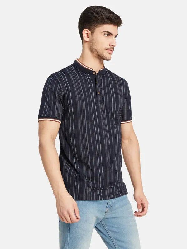 Vertical Stripes Mandarin Collar T-Shirt
