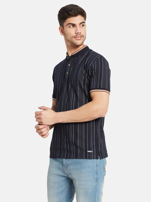 Vertical Stripes Mandarin Collar T-Shirt